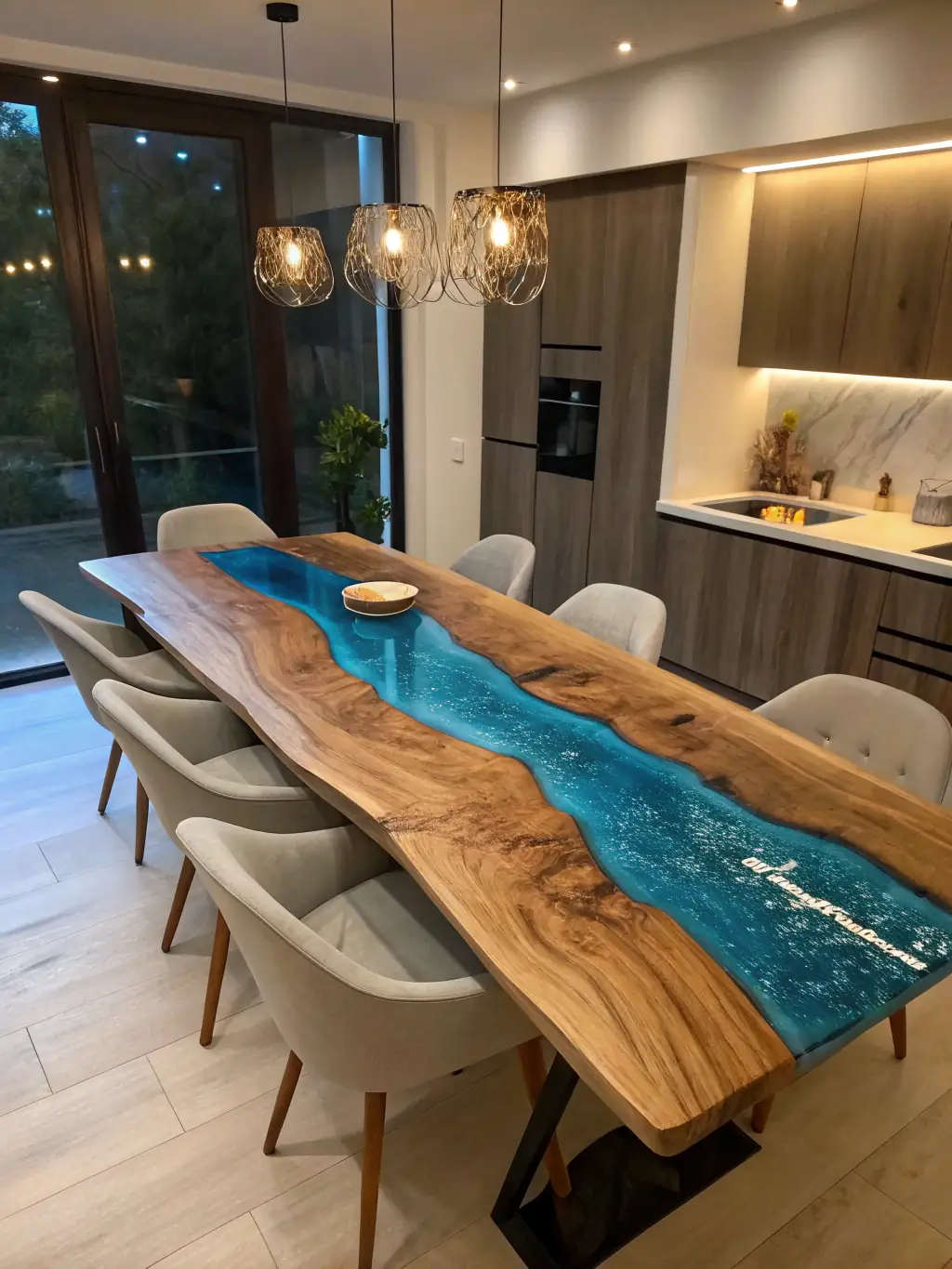 A photo of a finished modern epoxy table with customized wood, epoxy color, and embedded design, set in a stylish living room to inspire customers.